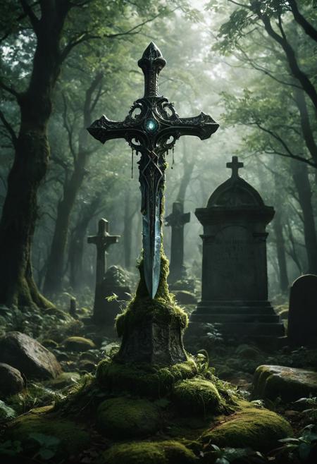 A detailed image of an enchanted medieval fantasy sword thrust into a large, clean boulder that serves as a gravestone. The sword is vertical, resembling a cross, with the blade driven in slightly more than halfway. The sword appears ancient, with a slightly glowing blade and intricate details on the hilt. The boulder is clean and solid, not covered in moss, and the grave is relatively new. The scene is somber and mystical, set in a quiet, slightly overgrown graveyard. Dead rising