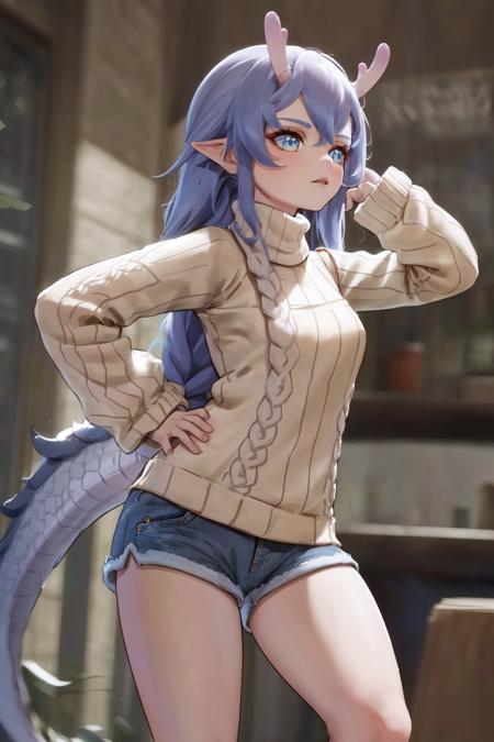 masterpiece, best quality, highres, 1girl bailu, dragon tail, (sweater, denim shorts :1.4) <lora:bailu:1> standing