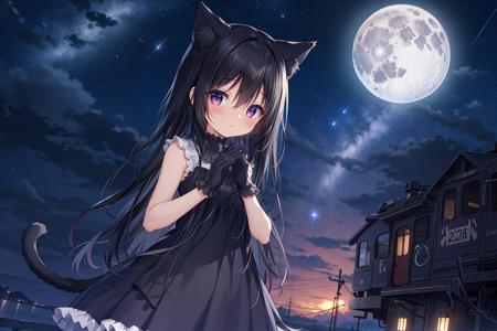 noir_cg, noir, xingbailieche, 1girl, solo, animal_ears, cat_ears, black_gloves, dress, cat_tail, tail, long_hair, sky, gloves, very_long_hair, cat_girl, sleeveless, black_dress, sleeveless_dress, night, black_hair, bangs, moon, hair_between_eyes, night_sky, hands_up, outdoors, star_\(sky\), full_moon, starry_sky, animal_ear_fluff, blush, closed_mouth, train, looking_at_viewer, ground_vehicle, bare_shoulders, frills, cloud, dutch_angle, animal,<lora:super-noir-v1:1>