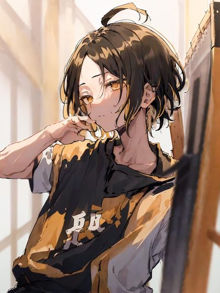 <lora:KenmaKozume:0.7> ,high res, masterpiece,Kenma Kozume, ((1boy,)) ((1man)) black_hair (blonde_hair) looking_to_the_side male_focus multicolored_hair short_hair solo sportswear sweat sweatdrop twitter_username tying_hair upper_body volleyball_uniform white_background yellow_eyes