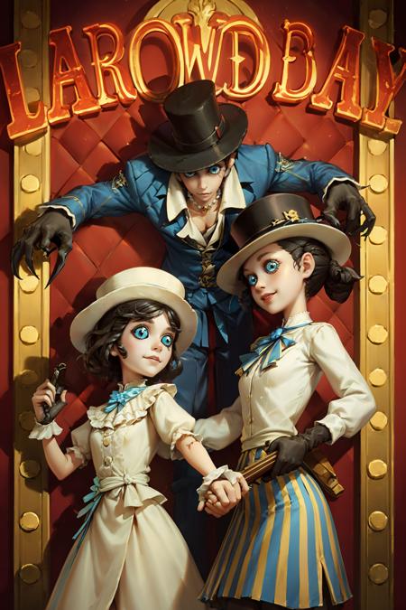 HEZI,the fifth personality,weapon,hat,gun,1boy,2girls,multiple girls,black hair,claws,doll joints,dress,doll,jewelry,blue eyes,ring,smile,1girl,copyright name,top hat,holding,holding hands,english text,striped,short hair,handgun,skirt,joints,claw \(weapon\),button eyes,revolver,bow,looking at another,gloves,<lora:ç¬¬äºäººæ ¼-000010:0.7>,