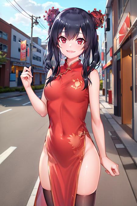 (masterpiece, best quality:1.2), <lyco:chanthology_corona-chan-10:1.0>, cowboy shot, solo, 1girl, corona-chan, smile, looking at viewer, double bun, red eyes, chinese clothes, china dress, thighhighs