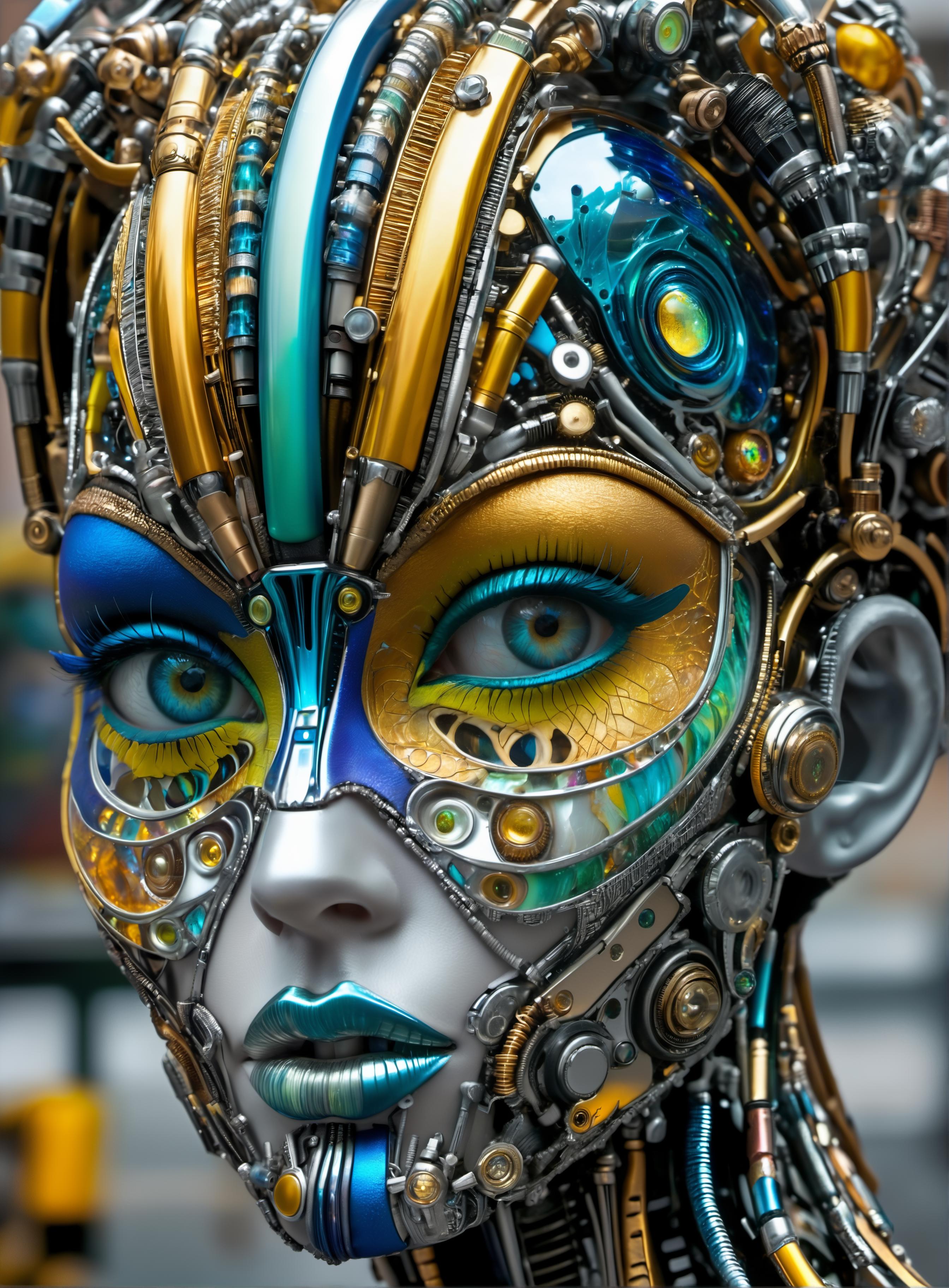 A robotic head with blue and yellow makeup and various gears and parts.