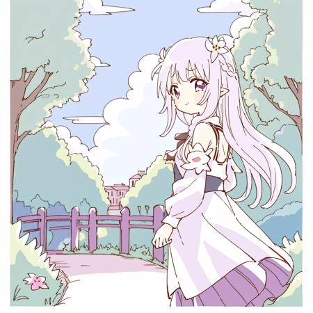 1girl, bangs, bare_shoulders, blue_sky, blunt_bangs,braid, breasts, bush, closed_mouth, cloud, cloudy_sky, crown_braid, day,detached_sleeves, emilia_\(re:zero\), eyebrows_visible_through_hair, flower, forest, garden, gem, grass, hair_flower, hair_ornament, hair_ribbon, house, long_hair, looking_at_viewer, nature, outdoors, park, path, pointy_ears, purple_eyes, purple_ribbon, ribbon, road, silver_hair, sky, smile, solo, tears, tree, white_flower, x_hair_ornament <lora:namori2-000004:1>