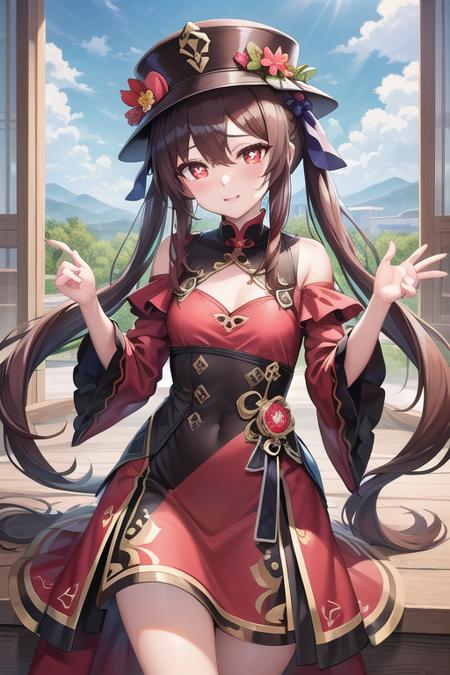 (HuTao/(GenshinImpact/)), red eyes, flower-shaped pupils, hat, long brown hair, bangs, twintails, chinese clothes, black shorts, wide sleeves, grin,