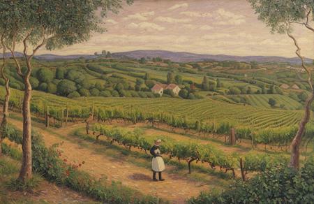 style of Henry Moret, terrace ,orchard ,vineyard ,plantation ,hacienda , Heathland , scene painting,a painting,scenery,
