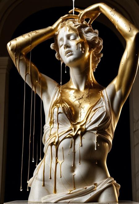 Best quality, close-up from down, masterpiece artwork, Realistic professional photography art work, Extreme detailed, imperfection broken statue (white_stone:1.5) 1 (women_sculpture:1.5) with (gold_liquid:1.1), detailed chrome_gold texture, wearing, standing with naughty sexy pose with hands up, expression is crying with (tears_from_gold:1.8), (full_liquid_head:1.4), full figure, armpit, perfect fit busty body, gold liquid melted and dripping from head to face and neck, (head_face_up:1.4),
gold liquid flowed through his body, melted golden liquid goo on top, golden_fluids, studio lighting to highlight melted liquid. Raw Photography, 8K resolution, inspired by luxury contemporary art installations and surreal classic statue designs, dramatic angle, melancholy dark mood, exposed at dark classic museum, dramatic lighting_from_down, with classic museum background. RetroBG, crying style, Sculpture, CheeseOnTopStyle