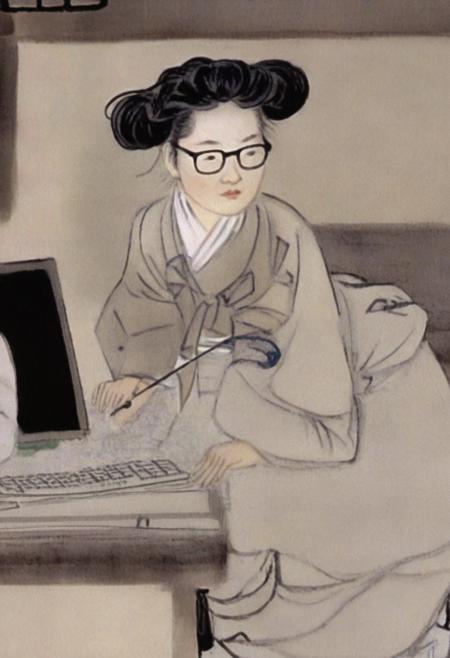 shinyunbok painting, a lady wearing glasses, her eyes fixed on the computer screen as she works tirelessly