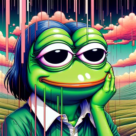 in the style of <s0><s1>, manga in the early 1990s,surreal,digitally rendered with glitches appearing throughout,depicted in matte colors,created using a digital medium. illustrated by Junji Ito,Yoshiyuki Sadamoto, and Rumiko Takahashi, pepe the frog