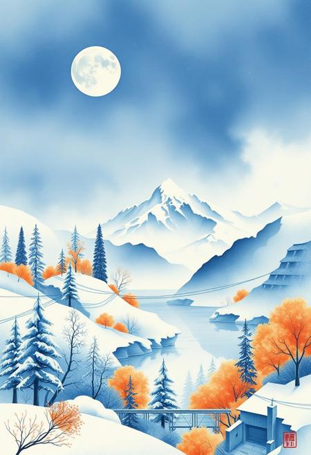 The gorgeous watercolor paintings designed by AI show a palace-level design sense and are pleasing to the eye. The design color is mainly white blue orange like Landscape in winter. white blue orange