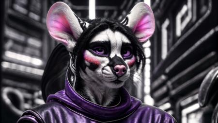 <lora:add_detail:0.8>, <lora:astronomy_wallpapers01:1>, detailed background cyberpunk, masterpiece, detailed, colors(black and white:1.2)and violet, scene, portrait, face closeup, mouse, realistic fur, detailed eyes, <lora:gachaSplashLORA_v40:1>