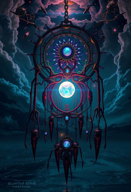 Visualize a gargantuan, biomechanical dreamcatcher suspended in a dark, surreal void, melding Claudio Aboy’s vibrant palette with H.R. Giger’s nightmarish intricacy. The dreamcatcher is constructed from alien, ribbed exoskeletons and sinuous, metallic tendrils, adorned with intricate, darkly organic patterns. Luminous, iridescent threads in electric blues, toxic greens, and blood reds weave through the structure, emitting a pulsating, eerie glow. At the center, a grotesque, opal sphere radiates beams of neon light, casting a sickly, phosphorescent hue across the surroundings. Beneath, an endless expanse of viscous, reflective liquid, swirling in deep indigos and unsettling purples, mirrors the biomechanical nightmare above. The sky is a macabre expanse of distorted, shadowy clouds in muted metallic tones, dotted with unsettling, glowing constellations and fragmented biomechanical shapes. From the dreamcatcher, a stream of pulsating, alien particles drifts downward, weaving through the oppressive, dark atmosphere.