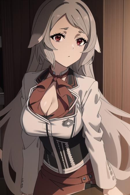 pursenaadoldia, <lora:pursenaadoldias2-lora-nochekaiser:1>,
pursena adoldia, long hair, (red eyes:1.5), animal ears, very long hair, grey hair,
BREAK cleavage, skirt, long sleeves, pantyhose, frills, shoes, red skirt,  loafers, white pantyhose, blazer, (white blazer:1.5), corset, (black corset:1.5),
BREAK indoors, classroom,
BREAK looking at viewer, (cowboy shot:1.5),
BREAK <lyco:GoodHands-beta2:1>, (masterpiece:1.2), best quality, high resolution, unity 8k wallpaper, (illustration:0.8), (beautiful detailed eyes:1.6), extremely detailed face, perfect lighting, extremely detailed CG, (perfect hands, perfect anatomy),