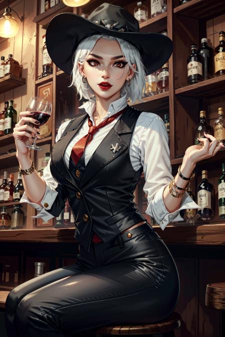 AsheOver, 1girl, tattoo, bar (place), drinking glass, earrings, shirt, jewelry, makeup, bow, cup, bowtie, pants, red eyes, necktie, sitting, breasts, black pants, lipstick, arm tattoo, white shirt, alcohol, white hair, crossed legs, red bow, sleeves rolled up, undone necktie, asymmetrical hair, looking at viewer, whiskey, collared shirt, mole above mouth, bar stool, holding, medium breasts, nose, indoors, bartender, lips, stool, glass, eyeshadow, short hair, wine glass, red bowtie, formal, stud earrings, eyeliner, loose necktie, vest, holding cup, signature, black nails, black necktie, bottle, nail polish, drink, red lips, black vest, counter, hat, parted lips, skull earrings, medium hair, waistcoat, dress shirt
<lora:epi_noiseoffset2:1>,  <lora:AsheOver:0.7>