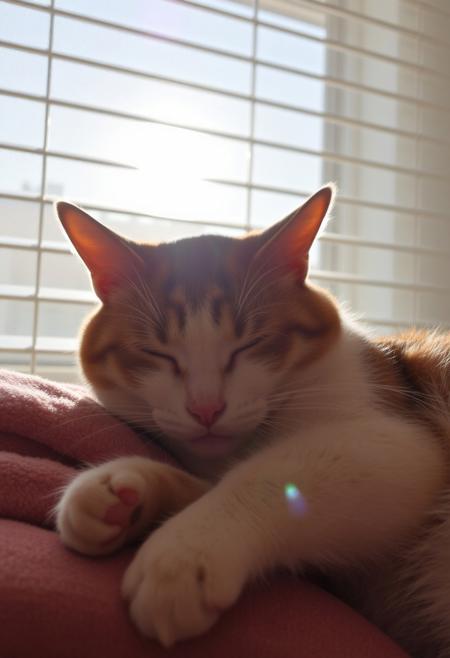 a cat having a nap in the bit of sun coming through the window blinds