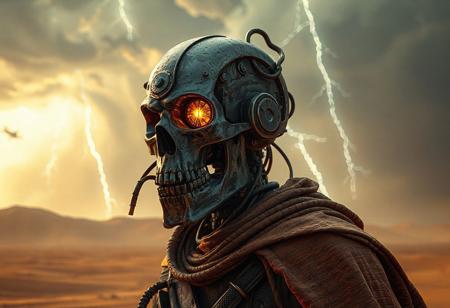 8K UE5/Octane render of a post-apocalyptic cyborg warrior (Mad Max-inspired) with hyper-detailed welded steel skull mask, exposed hydraulic jaw, and rusted cybernetic arms. Volumetric supercell storm backdrop with lightning-lit sandstorms. Design fuses George Miller's dystopian grit with H.R. Giger's biomechanics: oil-leaking pistons, glowing subdermal vents, and HUD-equipped bionic eyes showing ammo/radiation stats. Golden ratio composition highlights battle-ready stance against heat-haze horizons. Rendered with nanite geometry for lifelike textures (bullet dents, frayed cables), real-time sand abrasion, and dynamic cloth physics on tattered cape. Post-processed with ARRI film grain, dieselpunk LUT, and thermal distortion. Tags: #CyberHorror #CharacterDesign #DieselPunk.