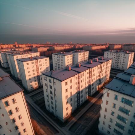 russian panel houses, top view, cold light, depressive, reflection, hdr, rtx, masterpiece, best quality, ultra-detailed, 8k, photorealistic,  <lora:russian_panel_houses_v1_fp16:1>