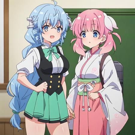 score 9, score 8 up, score 7 up, source anime,  <lora:pony_fa_haizakura:1>, 2girls, side-by-side, smile,   fa \(rpg fudousan\), blue hair, black vest, white shirt, green ribbon,  haizakura \(prima doll\),  hair ornament,  japanese clothes, white kimono,