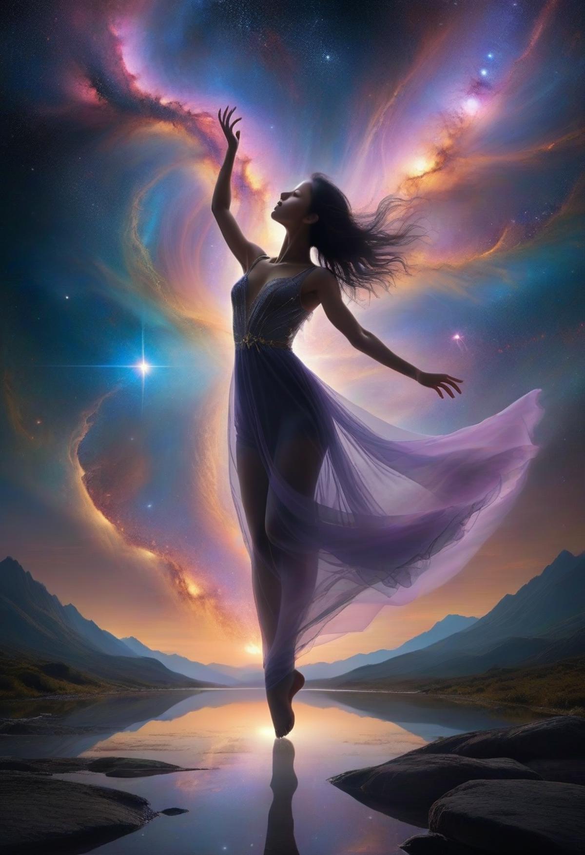 A woman dancing on the edge of a cliff with a purple dress, surrounded by a vibrant starry sky.