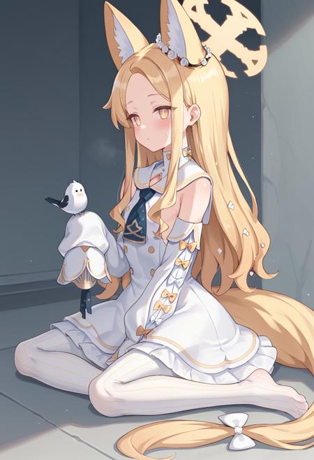 seia \(blue archive\) multicolored eyes, blonde hair,long hair,animal ears,halo,white dress,sleeves past fingers,pantyhose,tail,high heels white bird