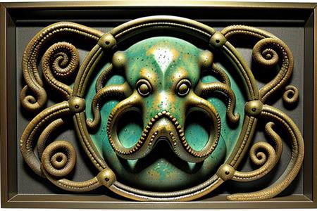 museum glass display case contains a (single:1.4) 3000 year old Ancient bronze pitcher from Shang dynasty of China. The pitcher  is much taller than it is wide and is built to hold water..    The pitcher is decorated with a relief design that depicts (an abstract representation of an ancient eldritch horror_cthulhu s with tentacles around its mouth. One tentacle of the eltritch horror forms the handle of the pitcher.   The eyes of eldritch horror seem to follow the viewer no matter where he stands and are the same color as the rest of the ewer.  The entire pitcher is decorated in (intricately detailed and complex ancient knotted tentacle motifs that seem to move as the the viewer looks at them:1.5).  The ewer is made of heavily oxidized bronze that appears green because, and the metal has corroded and crusted in minerals over the centuries since it was crafted.
