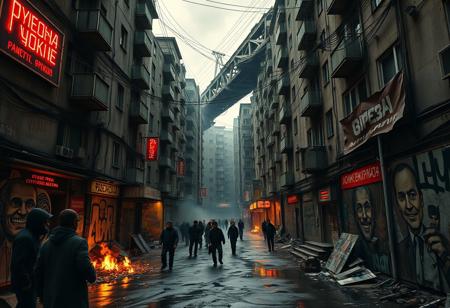 A hyper-detailed labyrinth of crumbling Soviet-era concrete tenements draped in frayed electrical cables and flickering neon signs in Cyrillic script. Puddles of oily rainwater reflect the orange glow of trash-can fires, smoke hangs low, and the hum of broken electricity buzzes in the air. Shadowy figures huddle in alleyways, faces obscured by cracked gas masks or grime-stained rags, their postures tense. Graffiti of grotesque, grinning faces peels off every wall, revealing layers of decaying propaganda posters. Above, a collapsed skybridge hangs mid-air, rusted rebar exposed like skeletal fingers. (Inspired by "post-apocalyptic urban decay with a gritty, textured aesthetic"). Quality: Finest details, crispy and grainy textures with micro-contrast, natural gradient noise, light glares from fires, caustics in water reflections, subsurface scattering on smoke. Color palette: True-to-life photorealism with a digital SLR’s dynamic range—rust orange, grimy mustard yellow, deep asphalt blacks, and desaturated crimson. Note the muted contrast where frontal sunlight bleaches textures. Mood: Chaotic, desperate, claustrophobic decay.