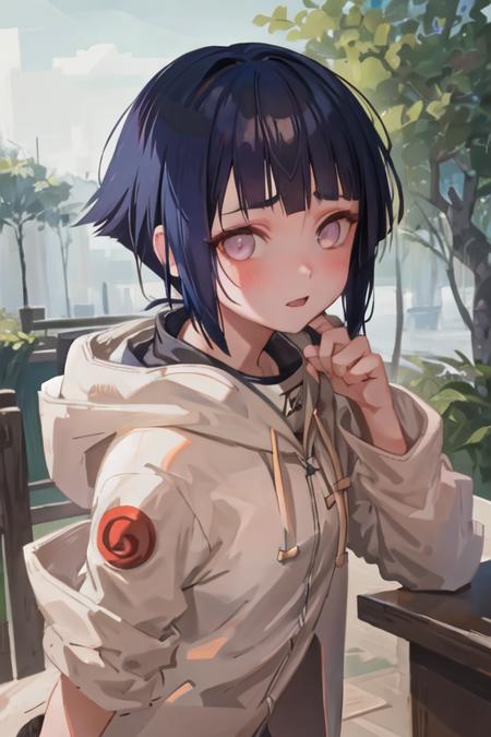 1girl, hinata_hyuuga, portrait, short hair, blue hair, blunt bangs, sidelocks, white eyes, no pupils, hoodie, forehead protector, jacket, forest <lora:hinata_hyuuga:0.6>