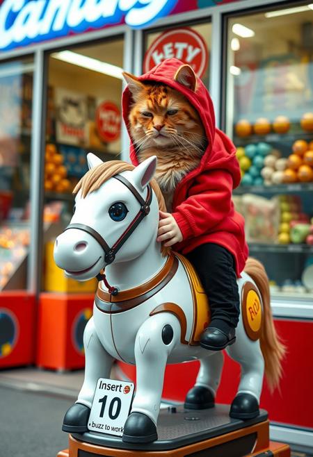 outside a candy store, little sad cat with red hoodie is sitting atop and riding a coin-operated robotic pony  the pony is white with brown the label on the base of the machine reads "Insert 10 buzz to work ", photo-realistic