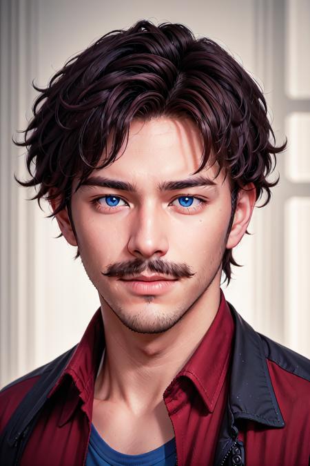 Photorealism Style,  realistic,  1boy,  portrait,  closed mouth,  red shirt,  blurry background,  stubble,  solo,  jacket,  short hair,  male focus,  shirt,  looking at viewer,  mustache,  brown hair,  blurry,  facial hair,  messy hair,  blue eyes, <lora:EMS-49351-EMS:0.800000>