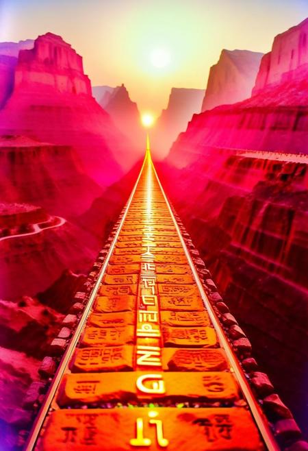 ()Hyoer Realistic, full color:2.0) depicting  
(The Grand Canyon’s Bright Angel Trail, Arizona 🇺🇸:2.0:)
BREAK
()Hyoer Realistic:2.0)Polaroid picture of A futuristic, neon-lit table, adorned with ancient Egyptian hieroglyphics and symbols. The album cover, designed by Shusei Nagaoka, features a gleaming, metallic pyramid at its center, surrounded by swirling patterns of gold and lapis lazuli. The band's name, Earth, Wind & Fire, is emblazoned in bold, futuristic letters, while the album title, 'Kemetic Odyssey,' is written in hieroglyphics.  BREAK ()Hyoer Realistic:2.0)Polaroid picture oThis is the 1,813-kilometer-long Haoji Railway Bridge in China. It is the longest railway bridge in the world, the bridge is used for the transportation of coal. The total cost was around 28 billion US dollars. It was built to transport 200 million tons of coal from Inner Mongolia and Shanxi to the southern provinces of China. It is a heavy rail system with 1435 gauge tracks The railway is also China's first north-south railway that is dedicated to coal, and is built to avoid existing coal transportation routes that pass through coastal cities by boat. The line reduces transit time from 20 days by sea to just 3 days by rail. The line connects with existing railways at several points to share maintenance facilities. The design speed of the railway is 120 kilometers per hour. It is operated by China Railway.