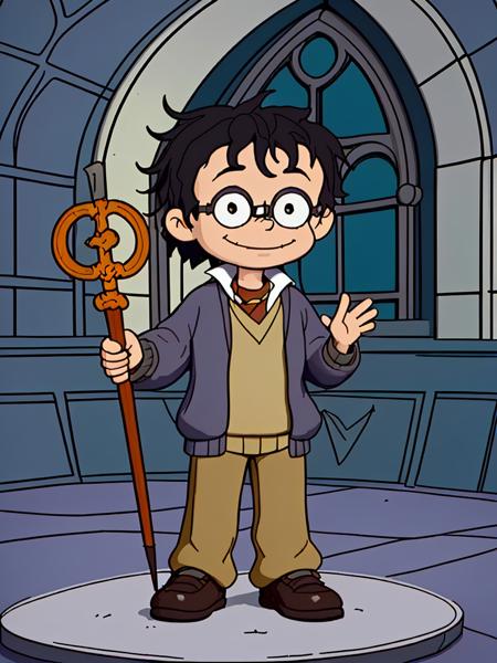 <lora:Rugrats+AGU-22:0.51> 
young 11yo boy Harry Potter, black hair, smiling, 
white shirt under a grey pullover, brown tie, Hogwarts Harry Potter costume, grey pants, black shoes, 
in Harry Potter castle, 
magic, magic wand, magic spell,