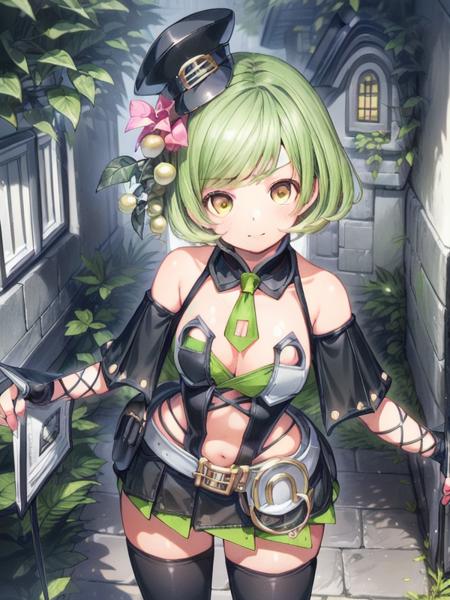 Aragonese,green hair, short hair, hat ,black dress, miniskirt, thighhighs,boots, 