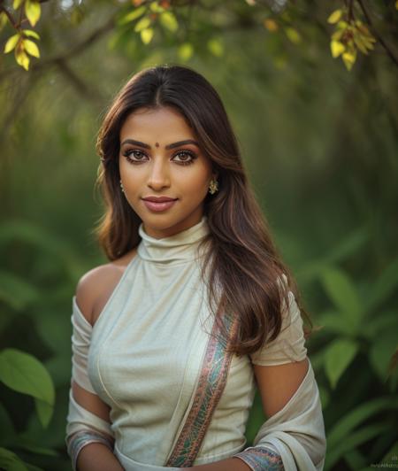 s4ar0m, nature, Spectacular light, Colorful flowering, 8k, soft lighting, high quality, film grain, Olympus OM1 sharp focus, f 3.4, (eye shadow), (eyeliner), ((detailed eyes)), (seductive pose), upper body, smile, upper body, dress, Long dress, breast, Turtleneck, Kaziranga National Park, ((close portrait, close portrait, close portrait, close portrait))