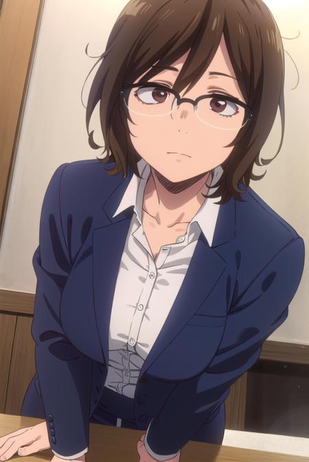 owarihajime, <lora:owari hajime s2-lora-nochekaiser:1>,
owari hajime, brown hair, (brown eyes:1.5), glasses, over-rim eyewear,
BREAK skirt, shirt, jacket, formal, suit, office lady,
BREAK indoors,
BREAK looking at viewer,
BREAK <lyco:GoodHands-beta2:1>, (masterpiece:1.2), best quality, high resolution, unity 8k wallpaper, (illustration:0.8), (beautiful detailed eyes:1.6), extremely detailed face, perfect lighting, extremely detailed CG, (perfect hands, perfect anatomy),