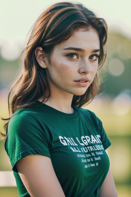 ChloeMelton, ((t-shirt:1.5)), studio lighting, (closeup on upper body:1.3), (oiled shiny skin, tilted angle shot, 8k uhd, best quality, masterpiece, sharp focus:1.4), (basic green backdrop:1.7)