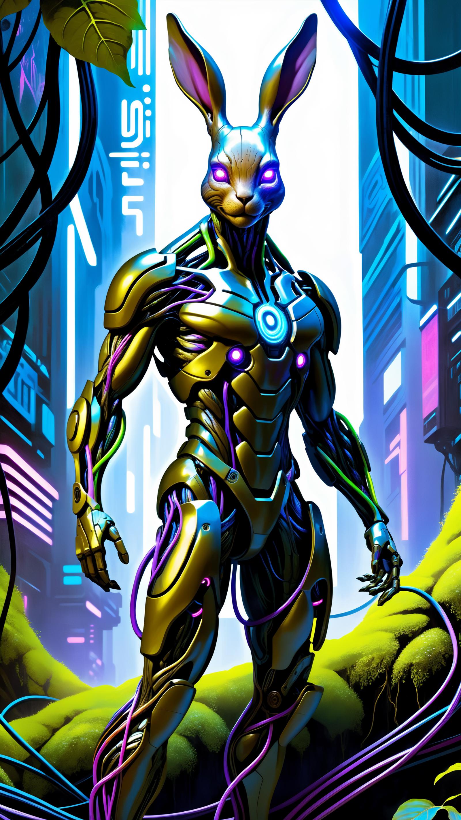 A futuristic robot wearing a gold outfit, standing in a city with purple lights.