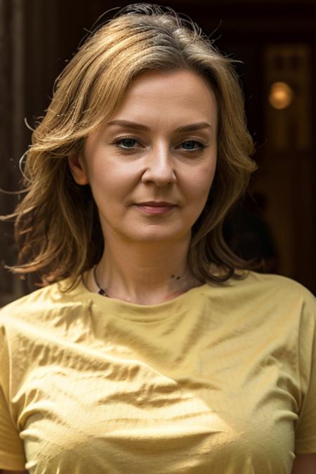 <lora:Liz_Truss:1> masterpiece, best quality, detailed face, 1woman, solo, a mature l1873t, realistic, yellow t-shirt