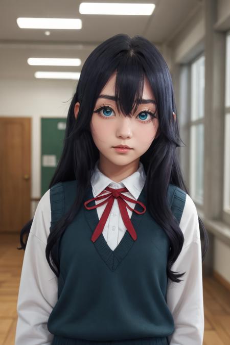 yoshimoto shizuka, 1girl, solo, long hair, looking at viewer, blush, blue eyes, (skirt), shirt, black hair, (hair between eyes), long sleeves, ribbon, very long hair, sweater vest, school uniform, white shirt, red ribbon, neck ribbon,  ((indoors)), (shy:1.4), (petite:1.2),  (standing), high quality, ultra high res, (best quality:0.8), 8k, uhd, dslr, soft lighting, high quality,  <lora:YoshimotoShizuka-000004:0.8>