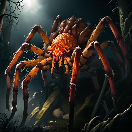 highly detailed documentary photo of giant spider:1.3,

 ((hairy body)), ((orange body)), ((glowing eyes)),  ((red eyes)), ((close-up)), blurry, dark forest, night,

masterpiece, best quality:1.1, 

ultra photoreal, photorealistic:1.0, sharp focus:1.1, 
depth of field:1.1, 

50mm, style of Nathan Wirth, Hasselblad X1D II, Porta 160,
