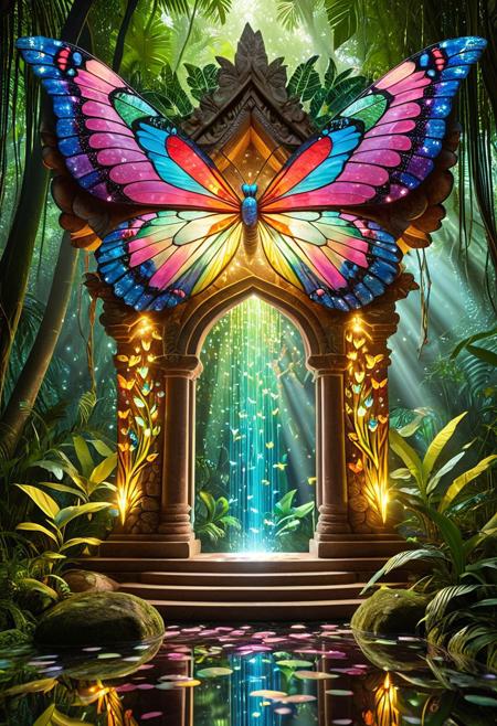 an ancient butterfly temple hidden in a glowing jungle, architecture inspired by butterfly wings and organic tech, walls pulsing with iridescent patterns, holographic butterfly mosaics shifting as light touches them, cascading water reflecting rainbow light beams, ancient stone fused with glowing circuits, massive bioluminescent butterflies hovering above a reflective crystal altar, soft mist and floating pollen particles, dreamlike depth of field, ambient lighting through jungle canopy, magical atmosphere with hyper-detailed textures and reflections, butterflyStyle
