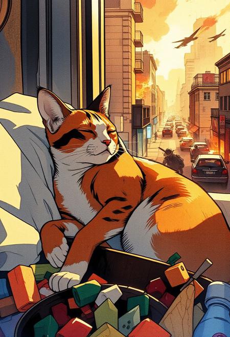 Paint a serene yet dynamic watercolor scene in the Flux art style, where a sleeping cat is *fully nestled within a pile of food*. The cat’s body, rendered in soft, car color orange, brown, white with a black M in his forehead, in a soft pillow near to a building window, inside an apartment, outside a city in chaos, zombie invasion, cars in fire,
running away from the zombies,