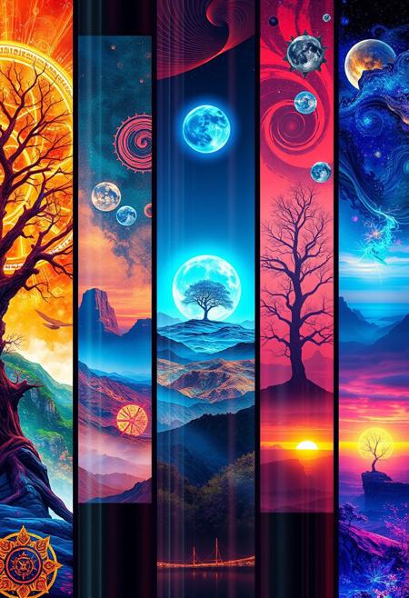 A digital cyberpunk art splash in the style of bo-cyborgsplash, a vibrant and mystical landscape depicted in a series of vertical banners, each featuring a different color palette, the first banner on the left shows a glowing tree with intricate patterns, the second banner features a swirling orange and red design, the third banner features an abstract landscape with a tree in the center, the fourth banner showcases a glowing blue planet in the sky, the fifth banner showcases an otherworldly landscape with distant mountains, the sixth panel showcases a distant landscape with trees and distant structures, the seventh panel showcases an ocean scene, the eighth panel features a mystical tree with vibrant colors, the ninth panel displays a stunning sunset landscape, the final panel features an ethereal landscape with glowing elements, the overall effect is a mesmerizing and captivating image that exudes a sense of otherworldly beauty<lora:boFLUX Cyborgsplash.safetensors:1.0:1.0>