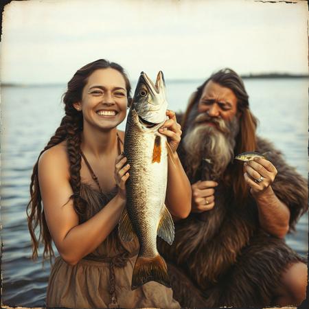 Vintage photo, best quality, 20yo cavewoman with braided hair, she’s holding a large walleye vertically, laugh on face, with a 45yo, (caveman, crying expression,long hair, short beard), (holding  a very tiny fish vertically), on lakeshore, clothed in deerskin tunic, realistic skin textures