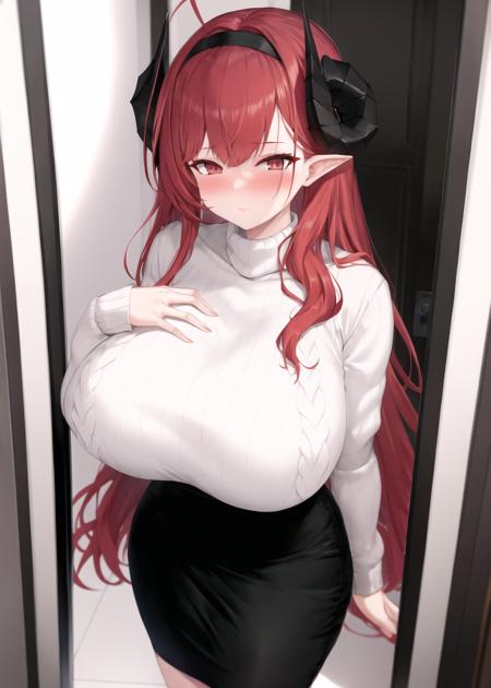 <lora:hindenburg_v2.0:0.8>,hindenburg_\(azur lane\), red_hair, demon horns, long hair,pencil_skirt, sweater, hand_on_own_chest,, doorway, from above,open door, blush,  <lora:style_creamcod-artist-richy-v1:0.8>, masterpiece, best quality, high contrast,