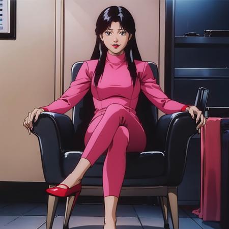 YokoYazaki,1girl,black hair,longhair,black eyes,red_lips_,solo, pink jacket,turtleneck,pink pants, boots,