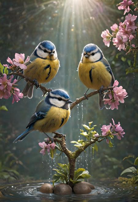 2eurasian blue tit,masterpiece,(intricately-detailed:1.1),ray tracing,subsurface scattering,(flowering garden setting:1.1),(water feature:1.1),(bathing:1.2),splashing,shallow pond,summer,sunbeams,branch in water,vibrant,award winning photography,sharp focus,fluffy birds,<lora:JuggerCineXL2:1>,<lora:more_details:1>,<lora:add_detail:1>,<lora:difConsistency_photo:1>,