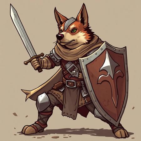 In the style of fantasy illustration, A dog-headed knight in a fighting pose, wielding a sword and shield