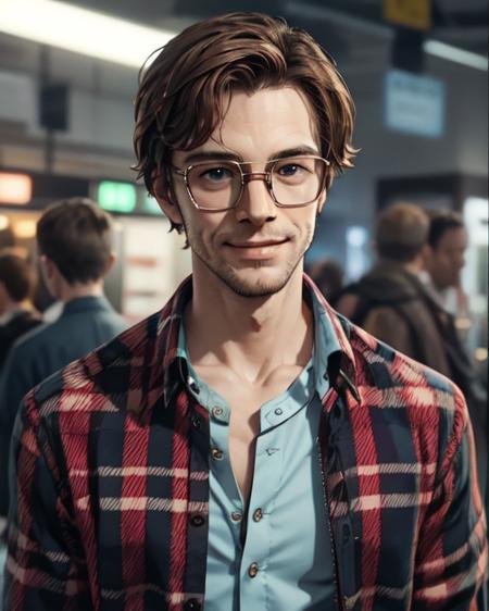 jeffreydahmer, glasses, plaid shirt, smile, (upper body)