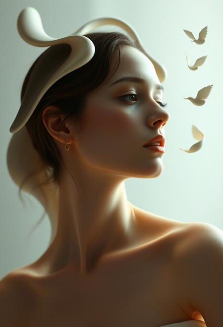 A quiet, introspective figure gazing into the distance, with softly glowing skin, while gentle, sculptural forms hover around them like elements of thought or emotion. surreal abstract realism, flowing biomorphic shapes, luminous soft skin tones, delicate classical-inspired portraiture, dreamlike and poetic atmosphere, symbolic surrealism, muted elegant color palette, balanced organic movement