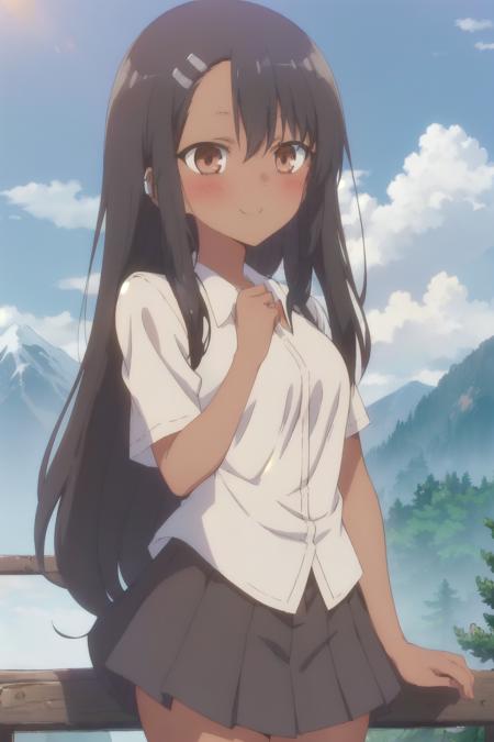 nagatoro,black hair,brown eyes,long hair,hair ornament,smile, hairclip,1girl,blush,dark skin,shirt,dark-skinned female,brown hair,white shirt,solo,fang,earclip,school uniform,looking at viewer,skin fang,skirt